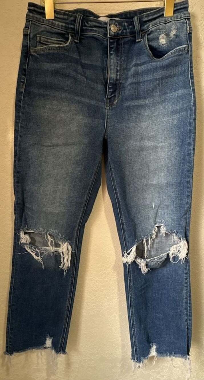 Flying Monkey High Rise Distressed Slim Jeans Raw Hem Blue